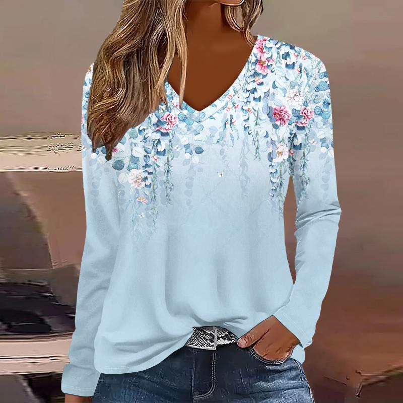 Plus Size European and American Fashion 2025 Women's Elegant V-neck Long Sleeve T-shirt