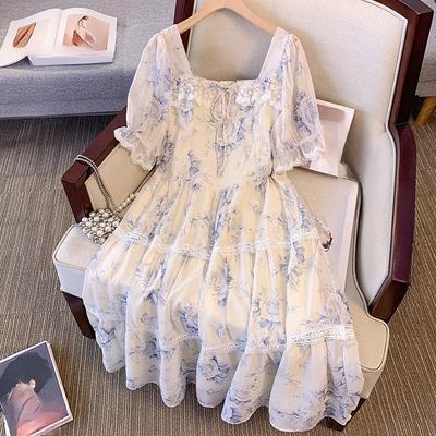 Plus Size Damska Letnia Wysokiej Jakości Styl Vintage Kwadratowy Kołnierz Torebka Rękaw Sukienka Kwiatowa