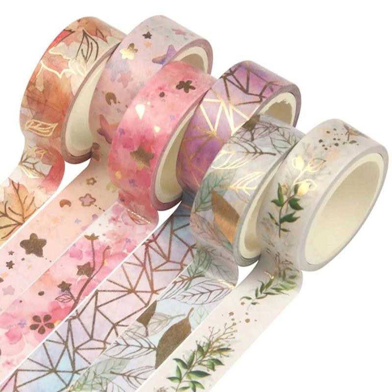 6 Rolls of Flower Bronzing Pattern Washi Tape Beautiful Washi Tape for Scrapbooking Study Stationery Decoration Learning Supplies