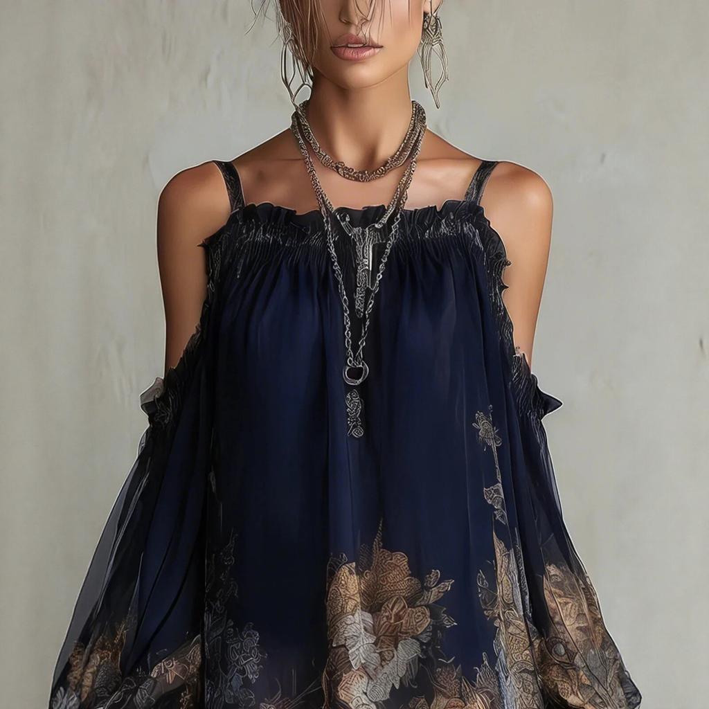 Mini Abito da Donna Scollato sulle Spalle a Manica Lunga con Stampa Floreale Vestibilità Ampia Vita Elastica Casual Abito in Chiffon