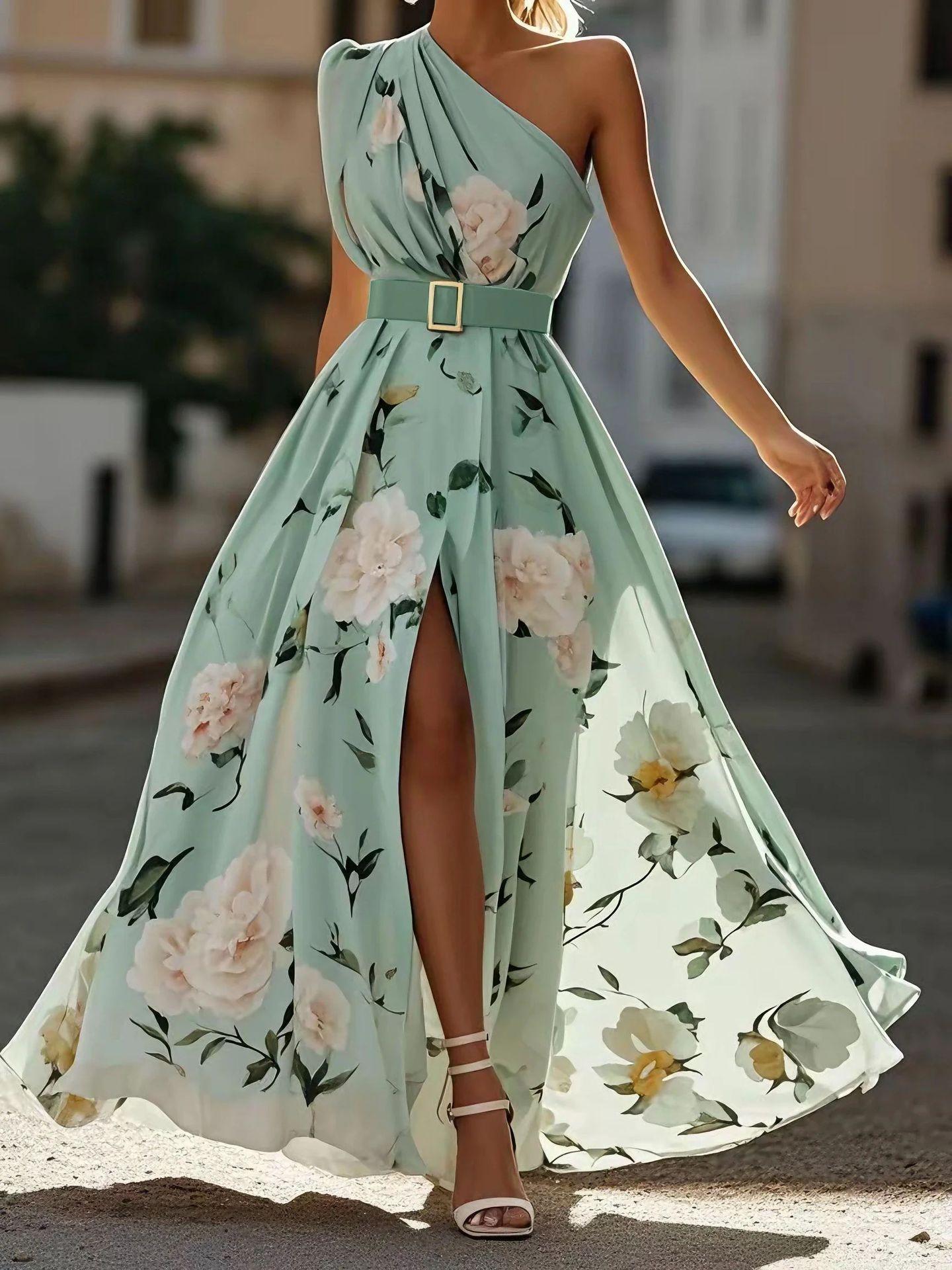 Women s One Shoulder Floral Print High Slit Maxi Dress S изумрудный