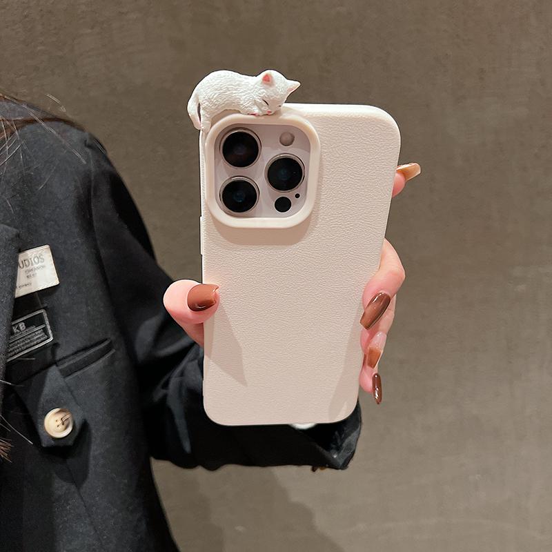 Cute 3D Cartoon Lying Cat Lychee Pattern Leather Phone Case For iPhone 17 16 15 14 13 12 11 Pro Max Plus X XS Lovely Soft Cover