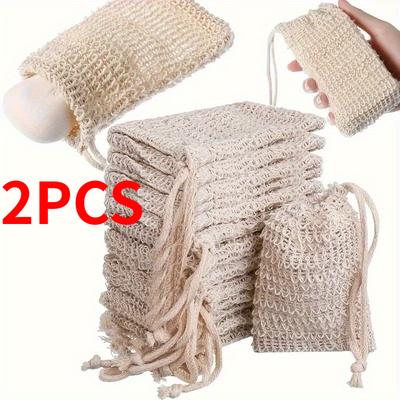 2pcs Sisal Soap Saver Pouch with Drawstring And Wooden Bead - Foaming And Drying Shower Bag for Bathroom Accessories