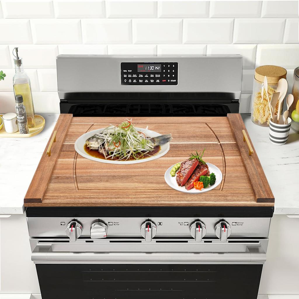 Stove Top Cover, Wooden Noodle Board with Built-in Handles, 30x22 Inch Rectangular Stovetop Plate, Kitchen Countertop Protector