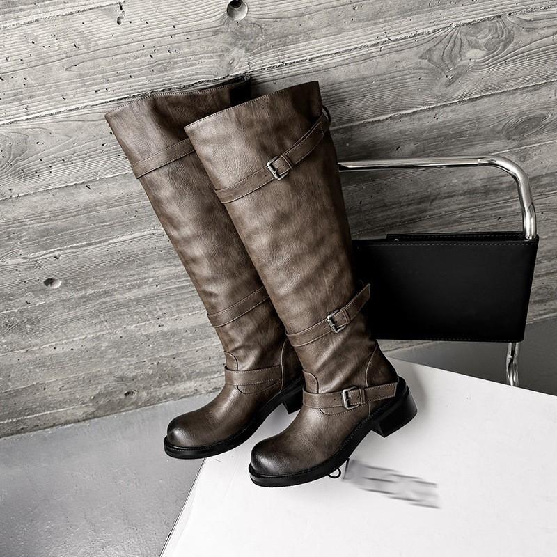 4.5CM Chunky Heel Knee High Boots Women Fashion Wide Calf Pull On With Belt Buckle Versatile Winter