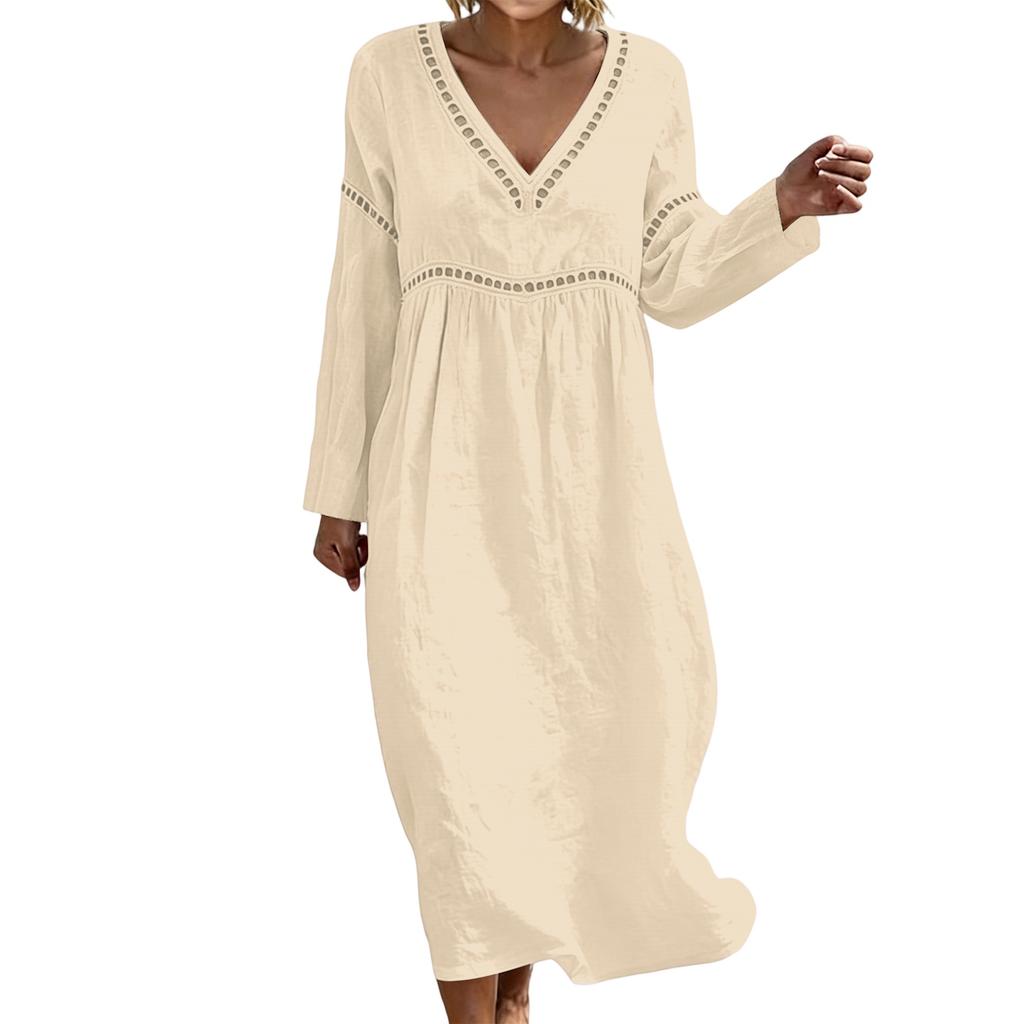 Fashionable Lady's V-neck Mid-length Casual Long-sleeved Dress