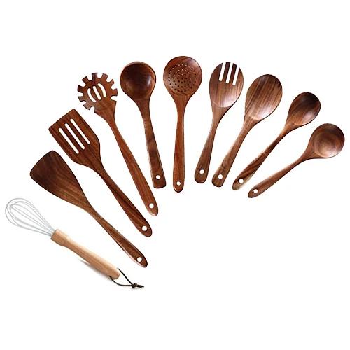 7/10 PCS Thailand Teak Natural Wood Tableware Ladle Turner Long Rice Colander Soup Skimmer Cooking Spoons Scoop Kitchen Tool Set