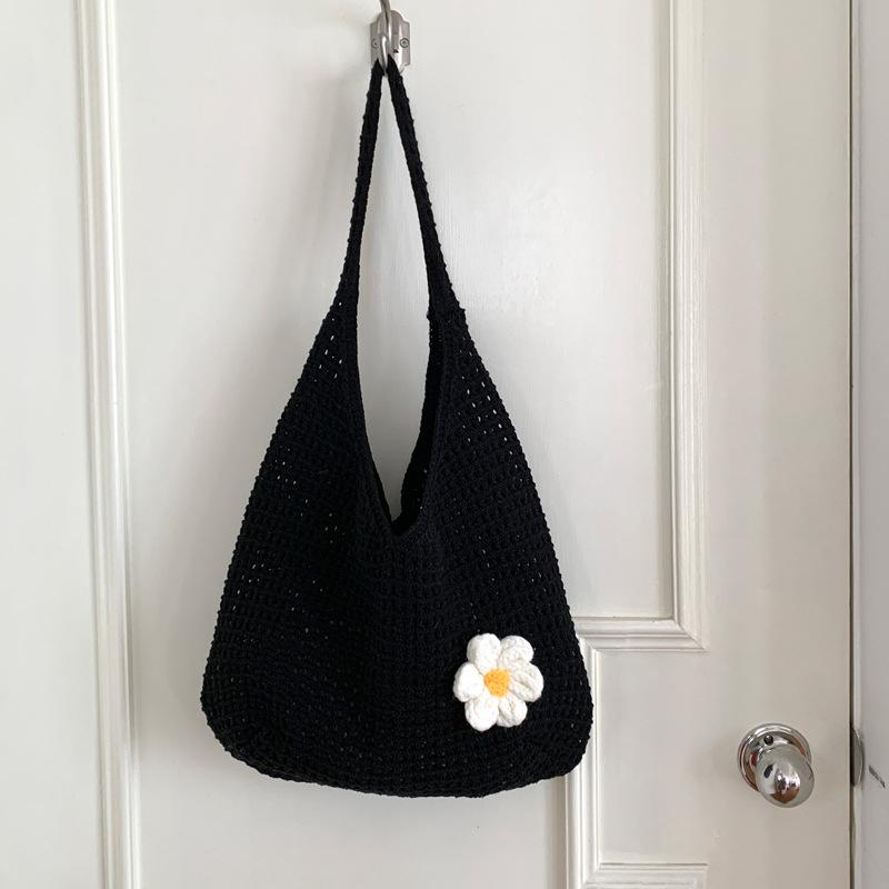 

Yogodlns Large Capacity Knitted Single Shoulder Bag Casual Summer Beach Vacation Beach Bag Soft Polyester Vintage Style Versatile Bag 38x14x35cm чорний