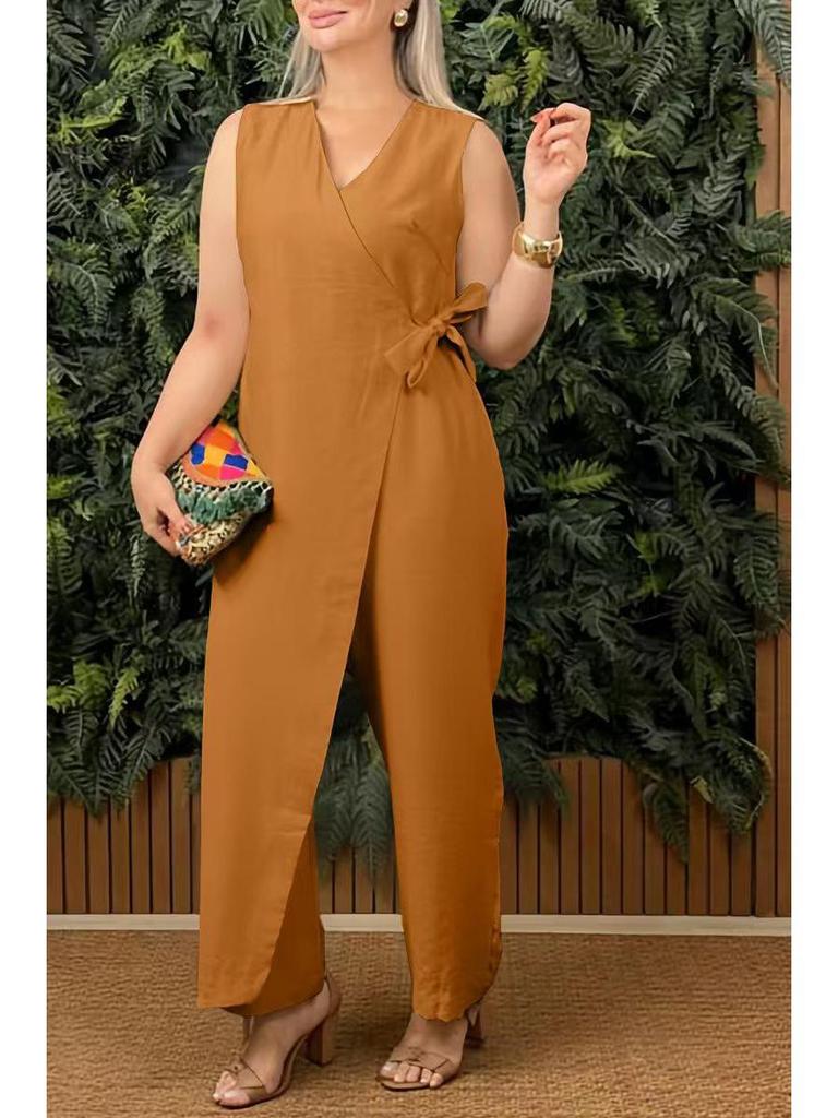 Tuta casual da donna tinta unita con scollo a V e laccio, collezione Primavera/Estate 2025