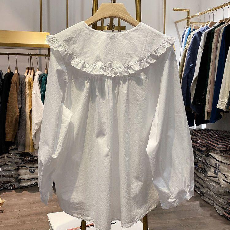 Korean Version Loose Doll Collar Ruffle Edge Shirt Spring and Autumn New Retro Long Sleeved Shirt