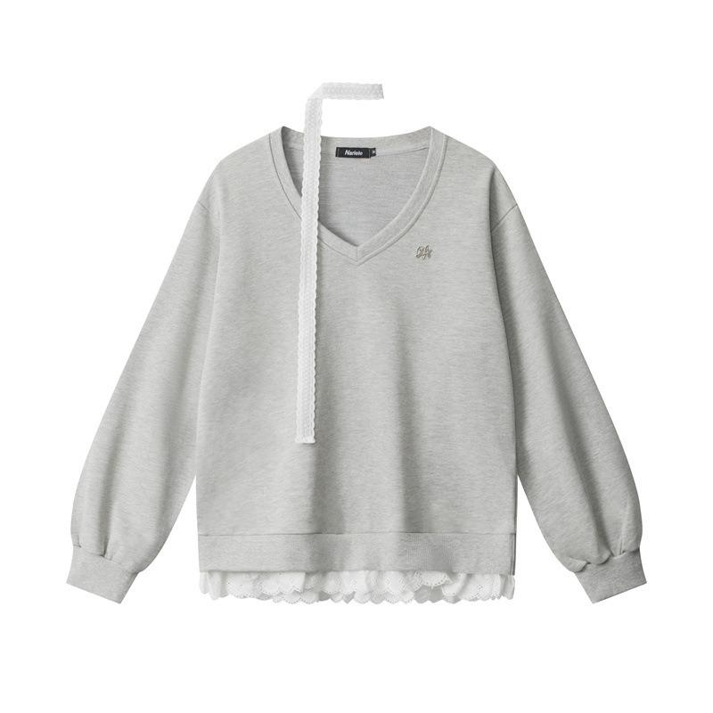 

Весна и осень женская новая толстовка Spice Style из двух частей с поддельным кружевом и V-образным вырезом, свободная, с шарфом L серый