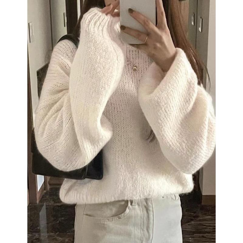 Crew neck imitation mohair sweater women's autumn and winter knitted top fashion casual sweater women's clothing