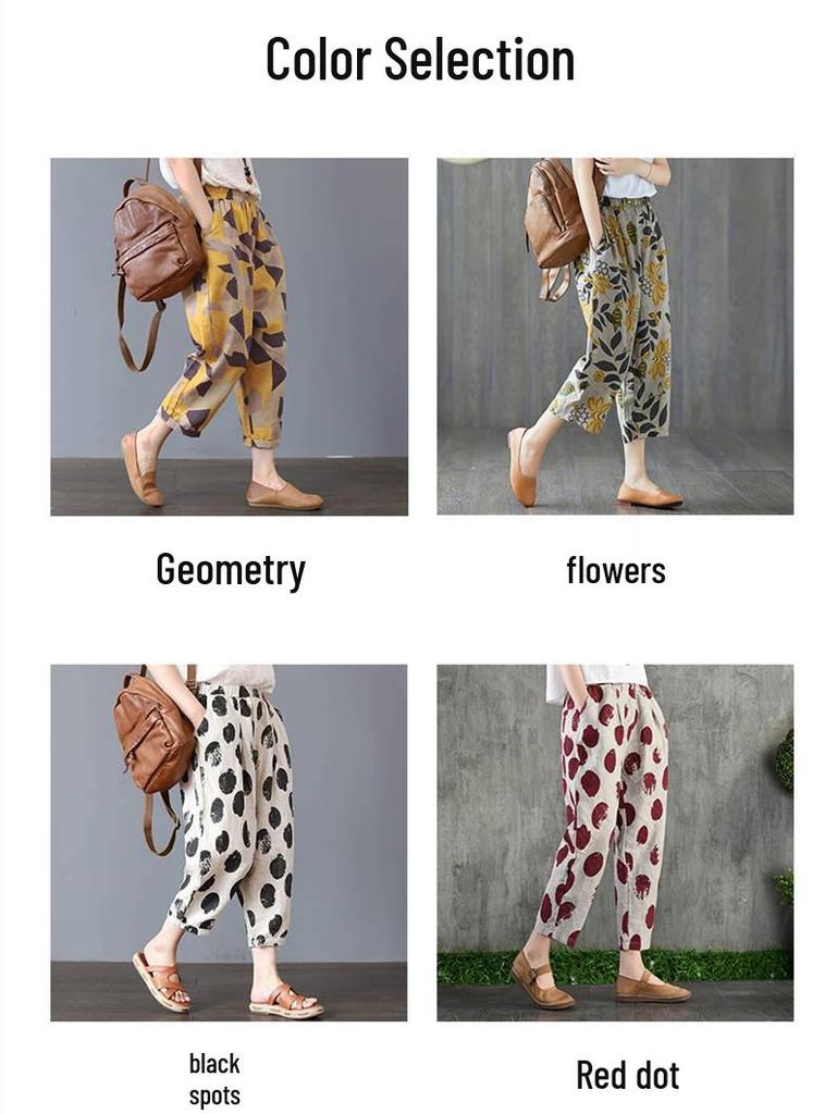 Retro Artistic Cotton Harem Pants - Breathable, Loose-Fit Summer Women's Plus Size Cropped Pants