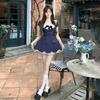 Bow college style blue dress children's summer new small waist a word puffy skirt