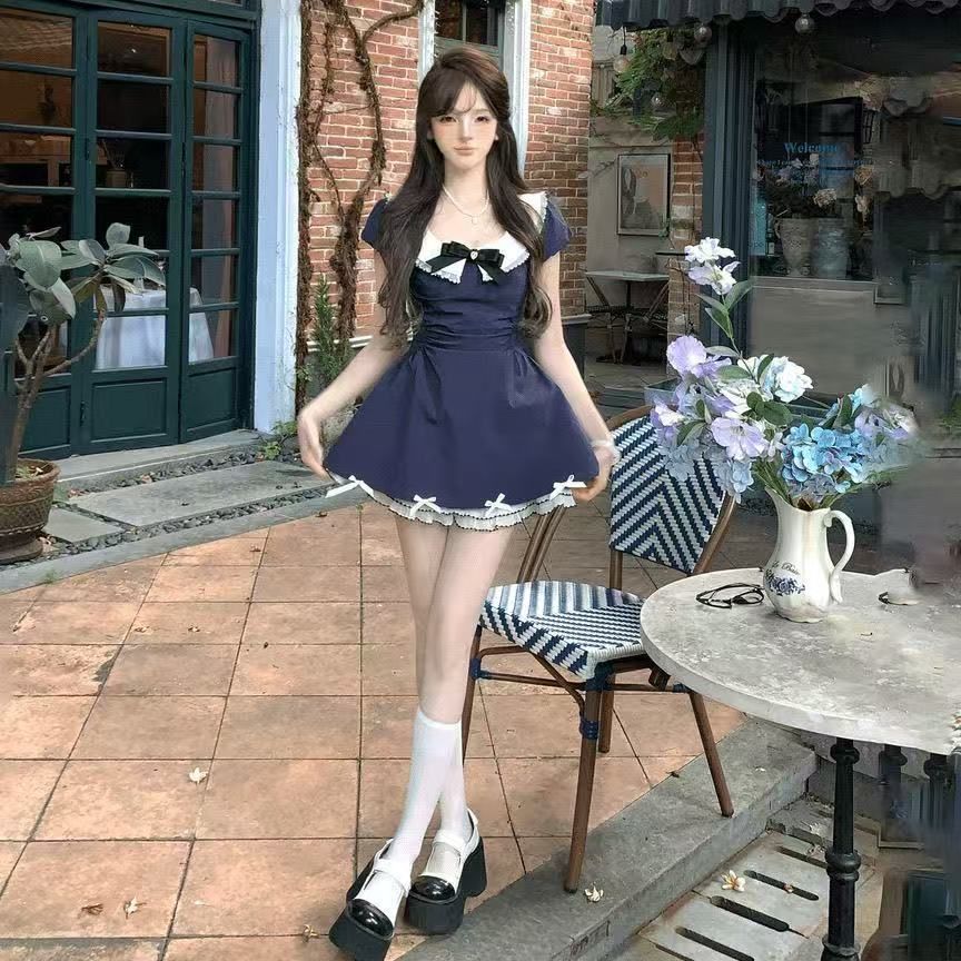 

Bow college style blue dress children s summer new small waist a word puffy skirt S синий