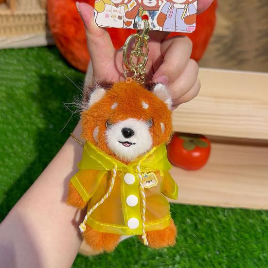Red Panda Plush Keychain Small Cartoon Red Panda Wearing Raincoat Bag Charm Stuffed Animal Hanging Accessories for Handbag Purse