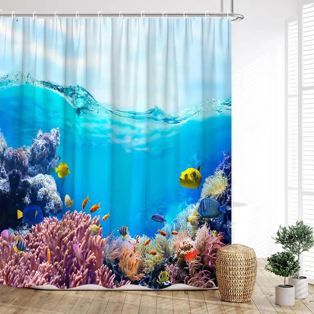 Ocean Animal Shower Curtain, Underwater Whale Coral Tropical Fish Wave Fish Blue Kids Boys Print Bathroom Decoration 120x180cm-47x70in