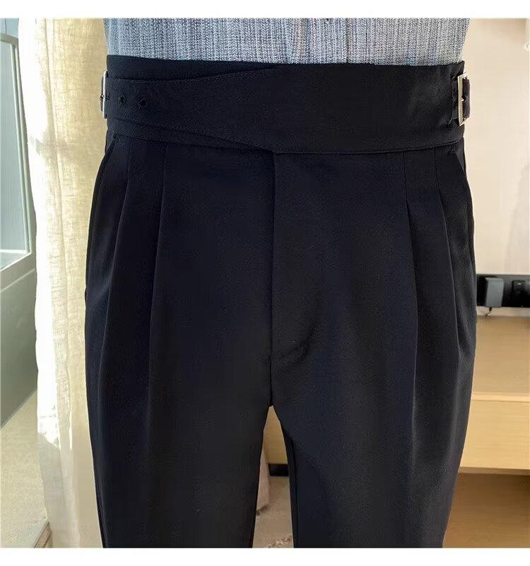 Men's Retro High-Waist Slim-Fit Trousers: Korean-Style, Solid Color, Straight-Leg, Autumn Casual Pants.