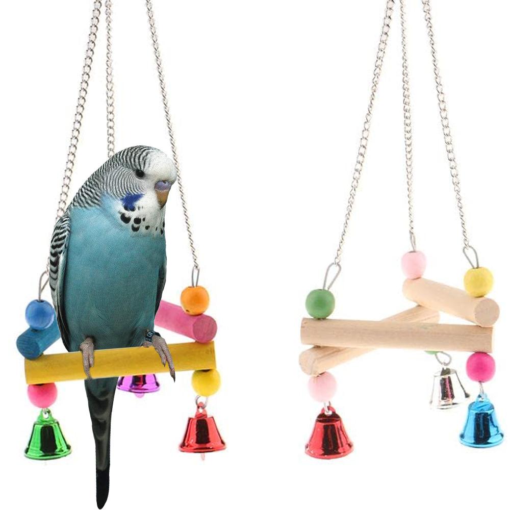 1pc Natural Wooden Parrot Swing & Chew Toy with Hanging Bell Durable Perch Stand Accessory for Bird Cage Parrot Bird Accessories