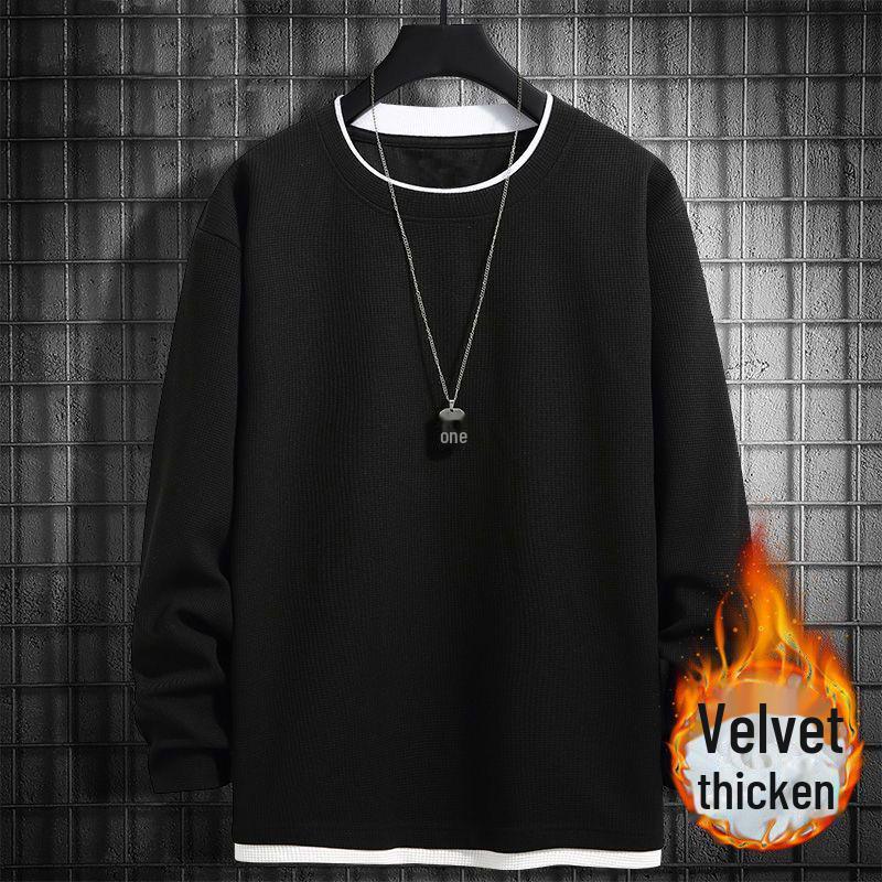 

Men s Waffle Long Sleeve Round Neck T-Shirt with Faux Layering and Velvet Lining for Spring and Autumn M 75-95 jin