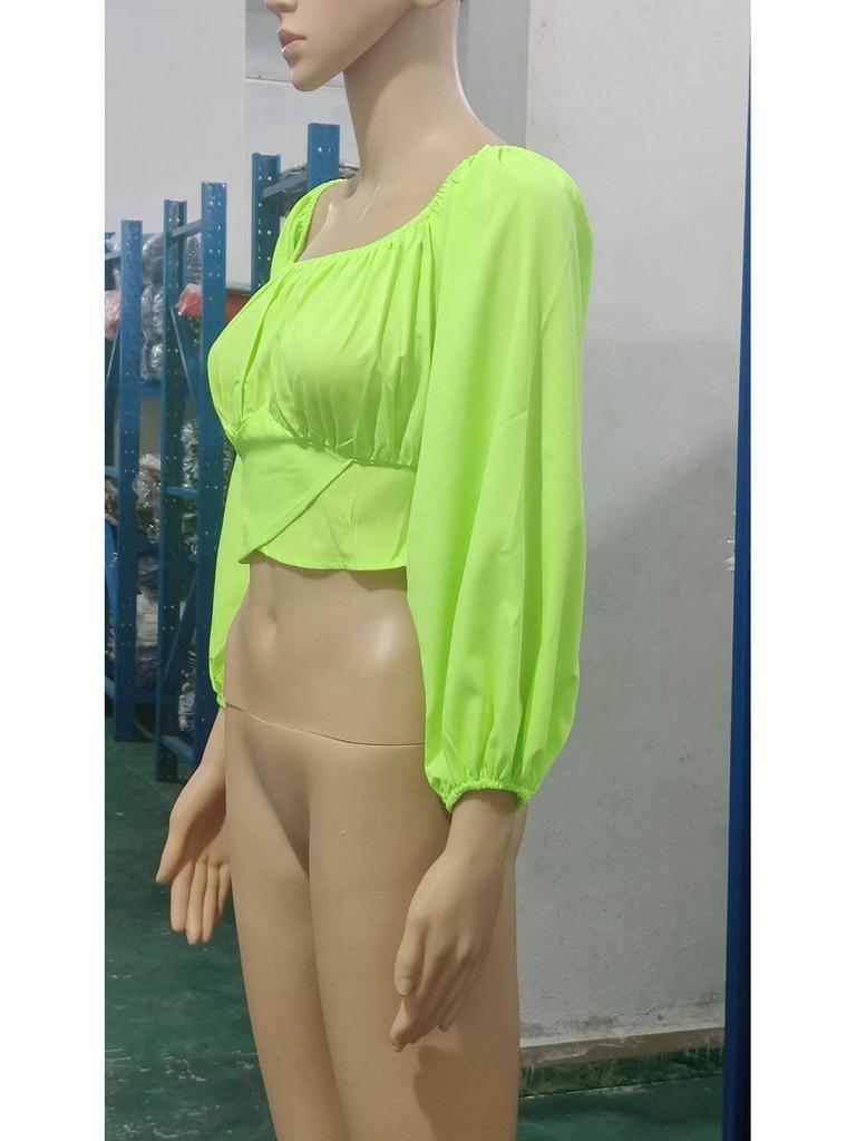 European & American Women's Off-the-Shoulder Lantern Sleeve Crop Top with Lace-Up Design