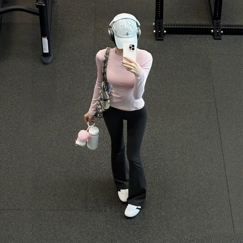 Womens Pink Long Sleeve T-Shirt Slim Fit Basic Top Korean Style Casual Wear