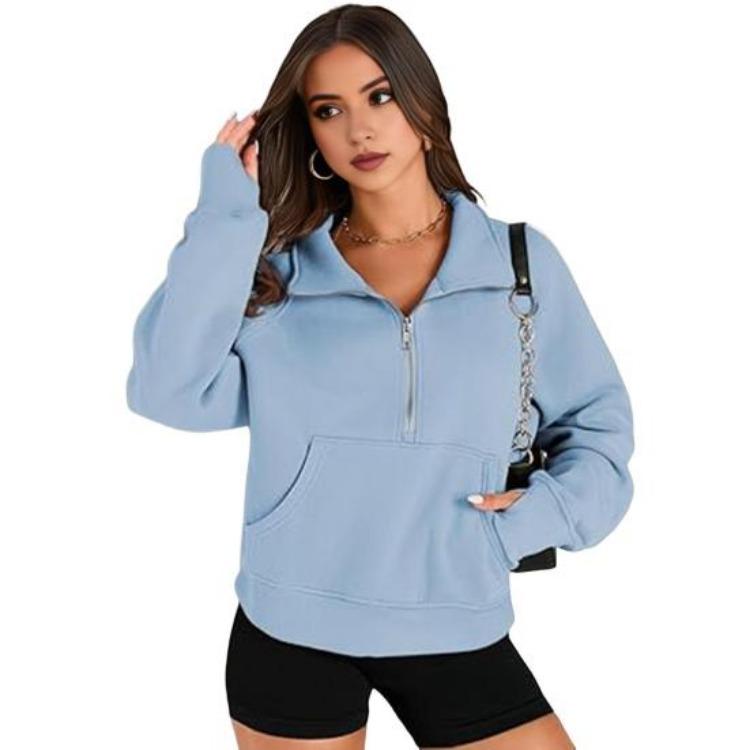 Thick Fall Winter Sweatshirt Casual Sport Top Loose Elastic Cuff Long Sleeves Half Zipper Turn Down Collar Big Pocket Pure Color Daily Wear