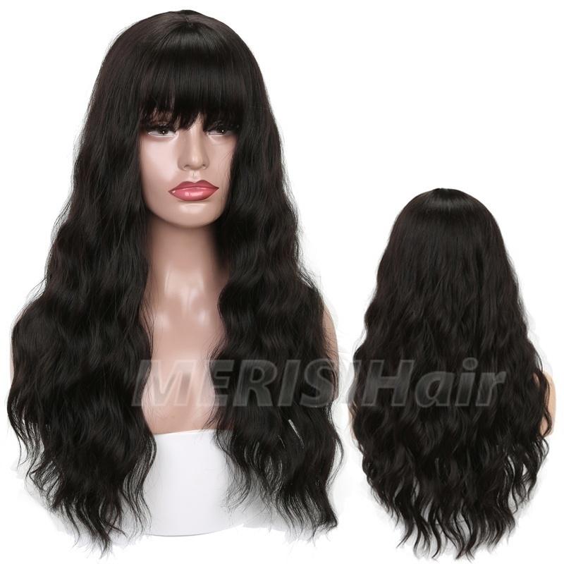 LISI HAIR Damemote langt bølget hår parykk med smell Svart Brun Blond syntetisk fiber parykk med smell Fest Daglig slitasje