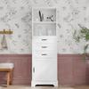 Armoire de salle de bain 56 x 25,6 x 167 cm, laquée, trois tiroirs + étagères ouvertes + rangement, étagères réglables, poignées noires, pieds d'armoire, blanc.