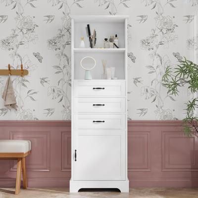 56 x 25,6 x 167 cm Badezimmerschrank, lackiert, drei Schubladen + offene Regale + Stauraum, verstellbare Regale, schwarze Griffe, Schrankfüße, weiß.
