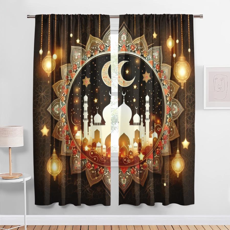 

Set Of 2 Luxury Gilded Islamic Temple Curtains Style Bedroom Living Room Decoration Drawbar Pocket Curtain Polyester Perfect For Great W100*H70(CM)-Grommet top&1PCS