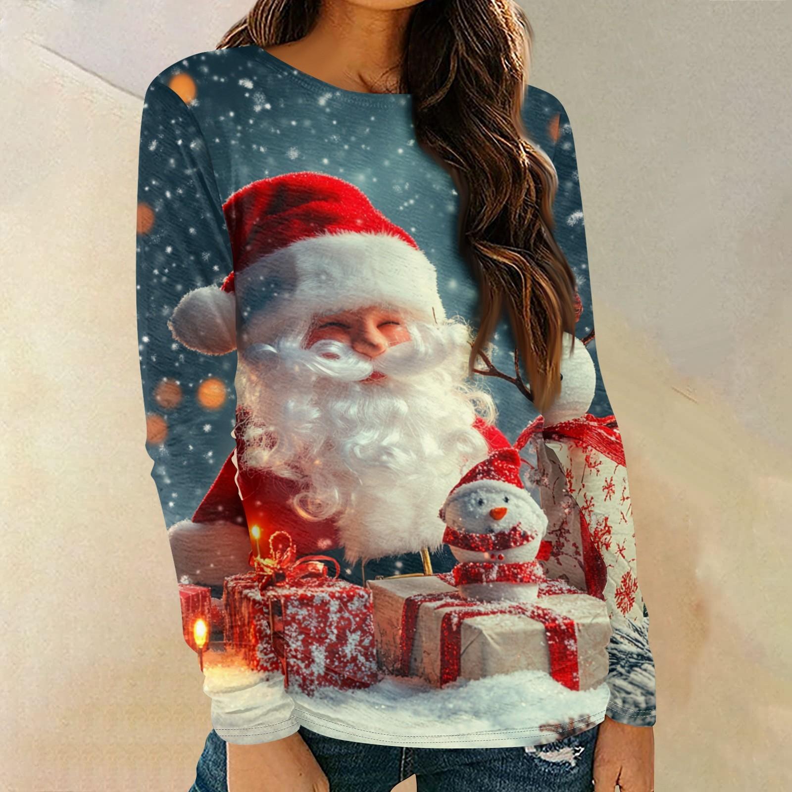 Женская мода круглый вырез пуловер с глубокими рукавами футболка с рождественским принтом — фото 9