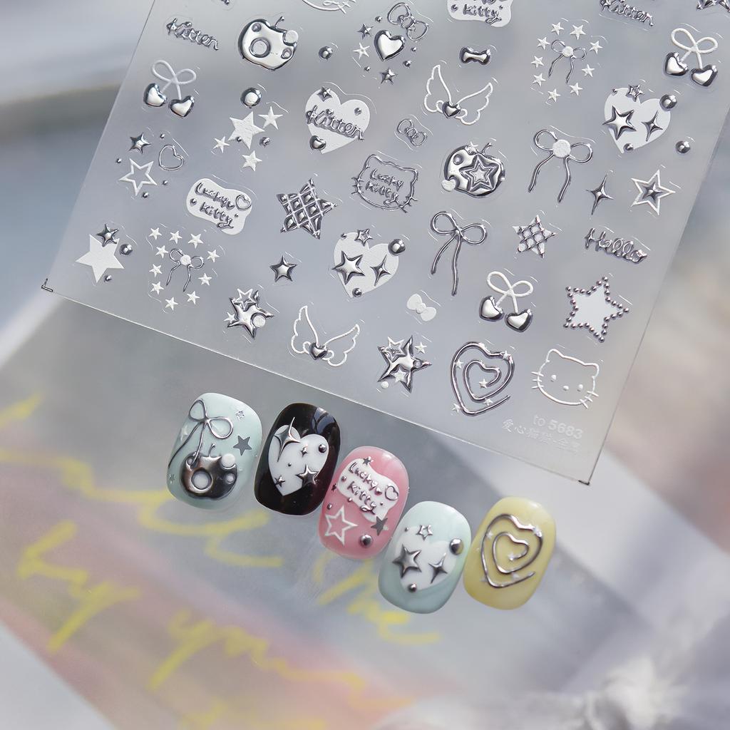 Metallic Texture Silver Nail Stickers 5D Embossed Stars Bow Love Cat Wings Nail Art Stickers DIY Nail Decorations Decals