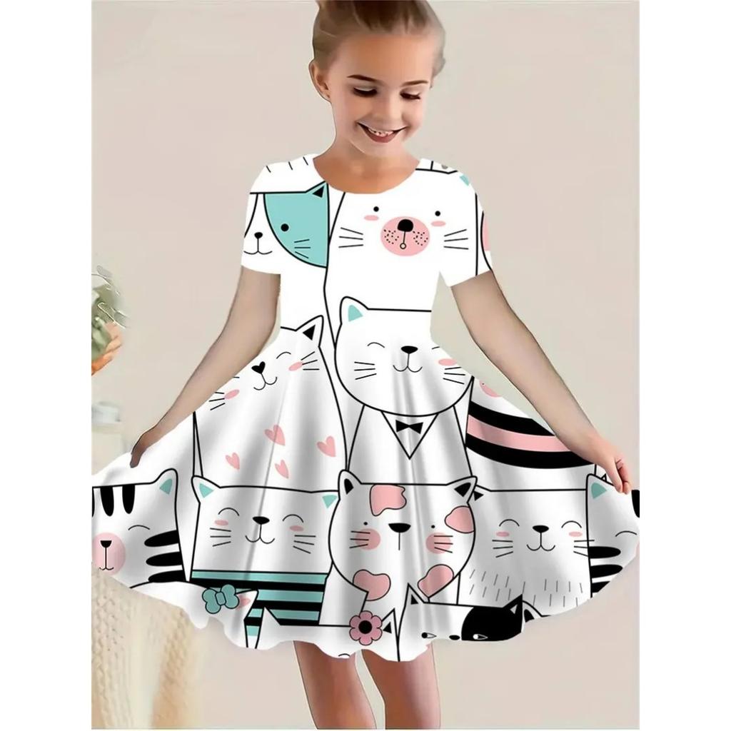 Summer new fashionable and comfortable cute animal 3D pattern children's girls short-sleeved dresses