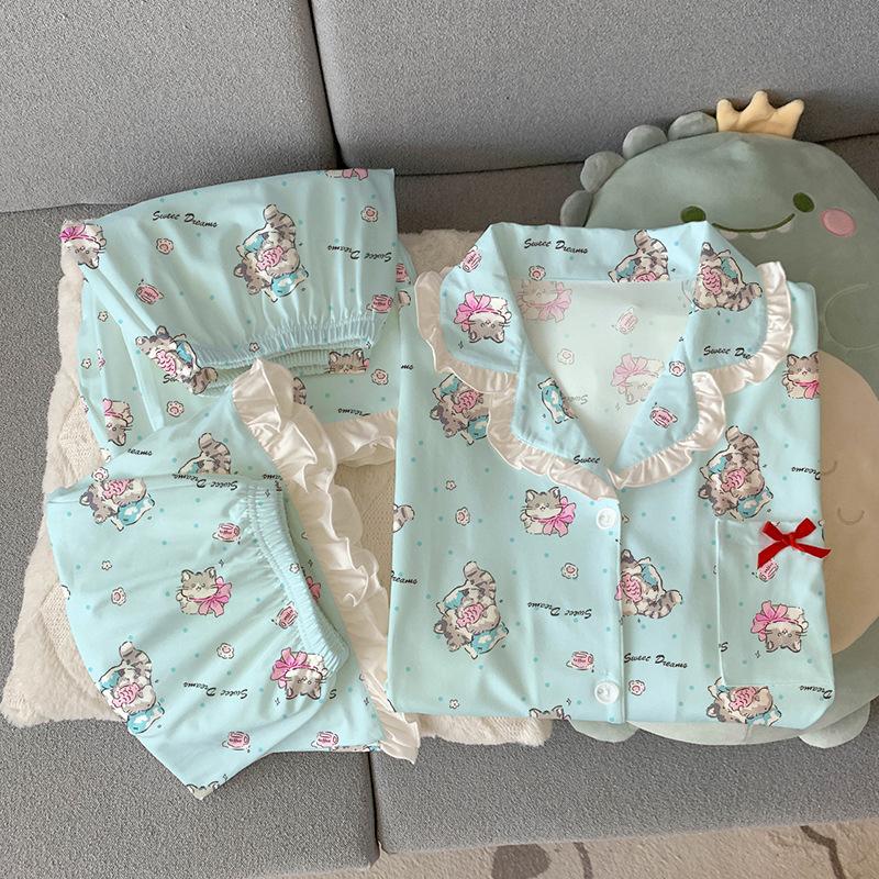 Cute Cat Style Cartoon Pajamas Imitation Cotton Edge Women's Loungewear Short-sleeved Three-piece Set