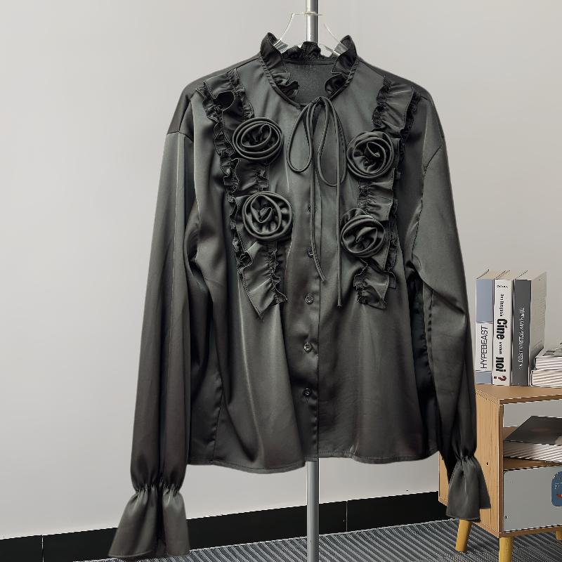 Fashion New Long Sleeve Loose Casual Shirt Women Elegant Solid Single Breasted Flowers Blouse Women Top Vintage Polo Collar Office Ladies Shirts 25807