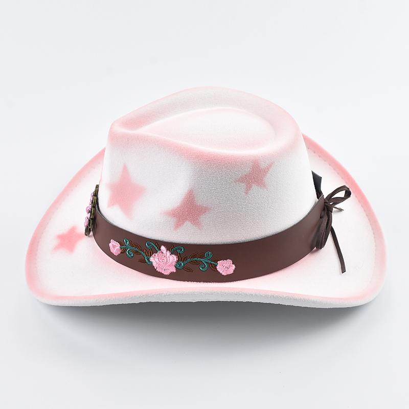 New Western Style Cowgirl Hat Vintage Roll Up Brim Gentleman Lady Felt Jazz Hats Pink Women Girls Birthday Party Cowboy Hat