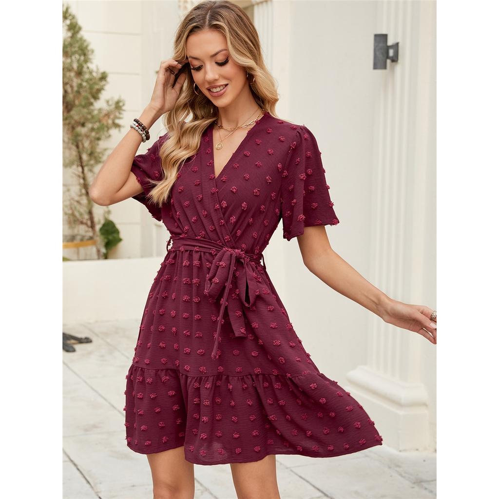 Summer New Solid Colour Short-sleeved Dress Women Ruffled Sleeves V-neck Waist Tie Short Skirt