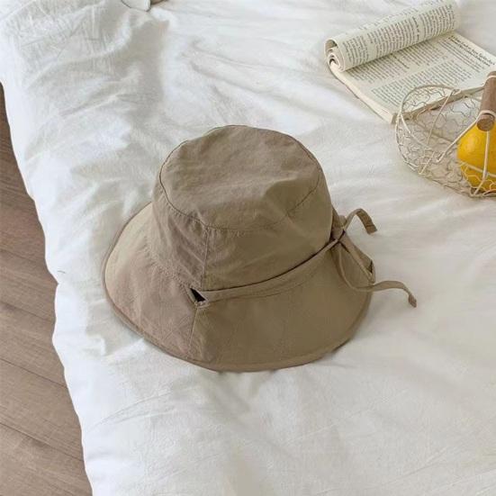 Women Fisherman Hat Lace Up Windproof Fixed Strap Wide Brim Solid Color Sunshade Anti-UV Flat Top Soft Breathable Foldable Basin Hat Lady Summer Cap