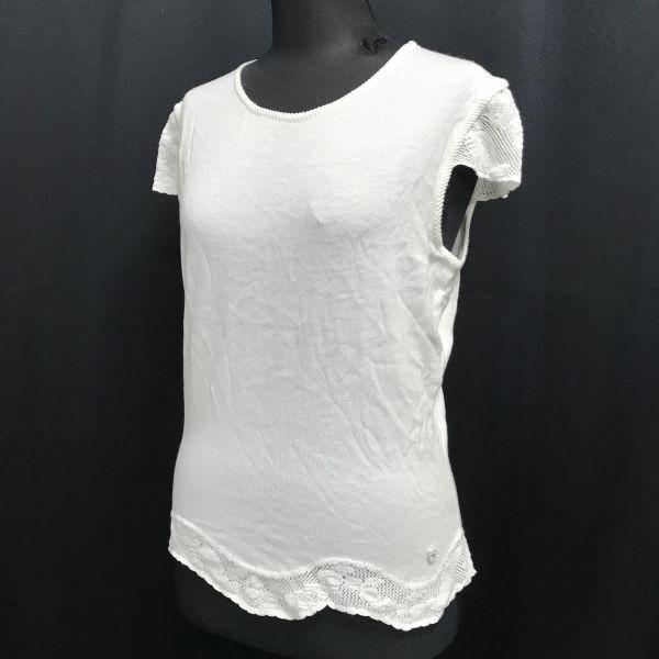 Japan Authorized Salvatore Ferragamo Rhinestone Short Sleeve Cutsew T-Shirt Women L White Lace Tops cBH719(USED)