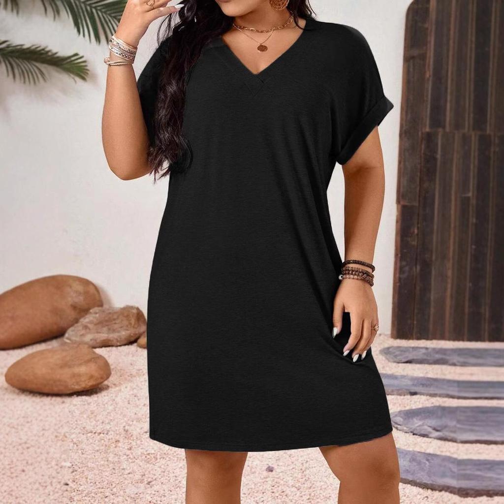 Women's Summer Solid Color Short-sleeved V-neck Plus Size Dress