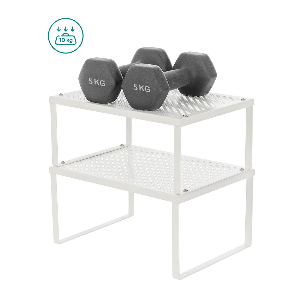SONGMICS Cabinet Shelf Organizer and Kitchen Shelf Bundle, 4 Stackable Kitchen Cabinet Shelves, Expandable, White and Silver U