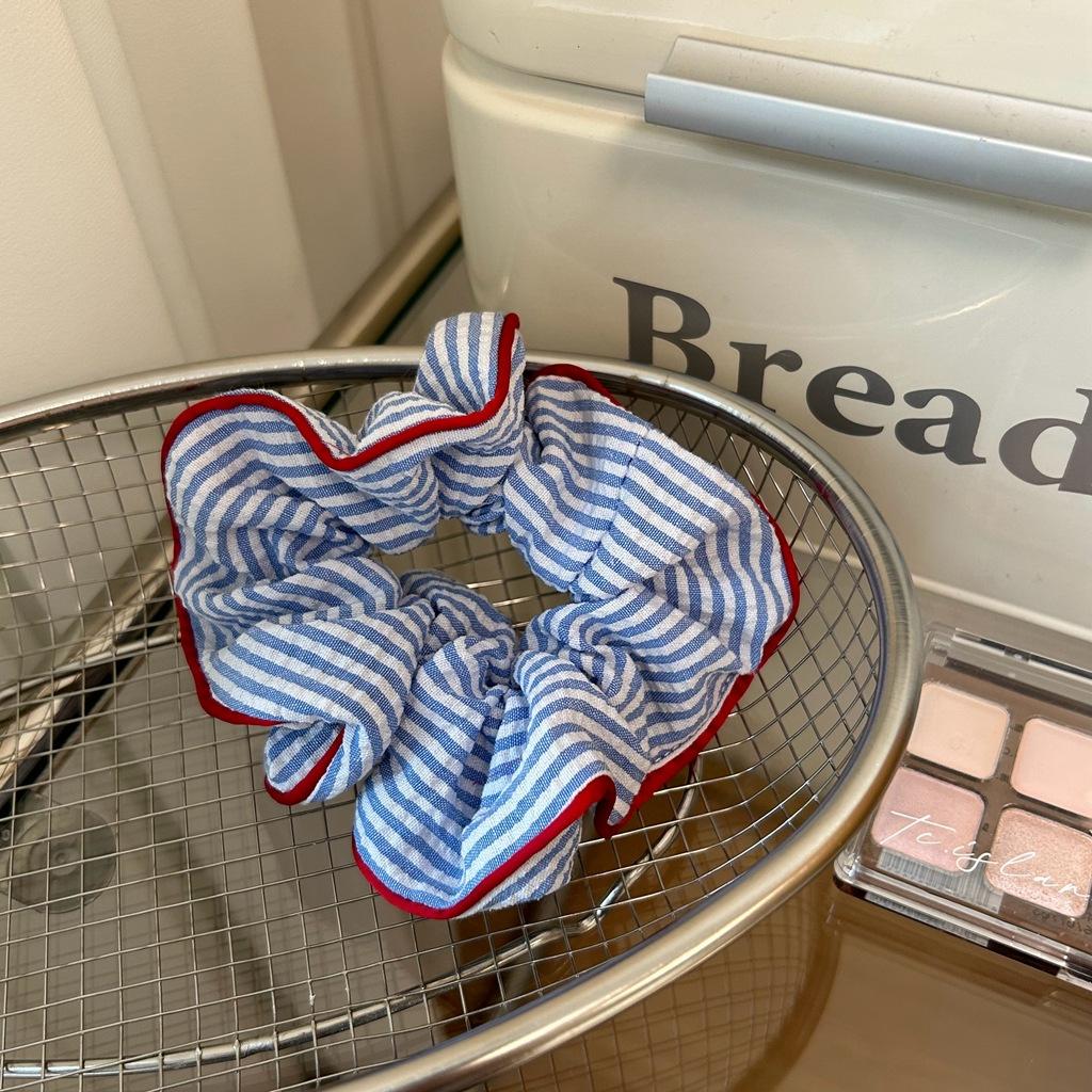 New Scrunchies Red Hem Blue Striped Hair Tie Sweet Fresh Elastic Hair Band Girls Women Hair Accessories
