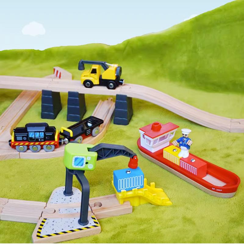Wooden Dock Loading Crane Cargo Ship Scene Compatible With Train Children Track Series Toy Accessories PD81