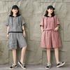 Summer Thin Cotton and Linen Plaid Short-sleeved Suit Plus Size Hooded Retro Top Five-point Pants Two-piece Suit