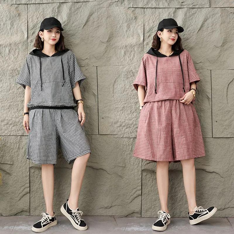 Summer Thin Cotton and Linen Plaid Short-sleeved Suit Plus Size Hooded Retro Top Five-point Pants Two-piece Suit