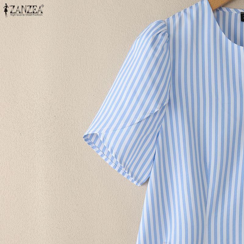 ZANZEA Women Casual V-Neck Loose Short Sleeve Stripe Blouse
