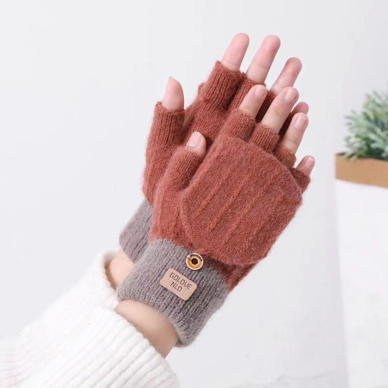 

New autumn and winter couple cashmere half gloves gloves hand warmer flip warmer gloves jacquard gloves student finger writing One Size