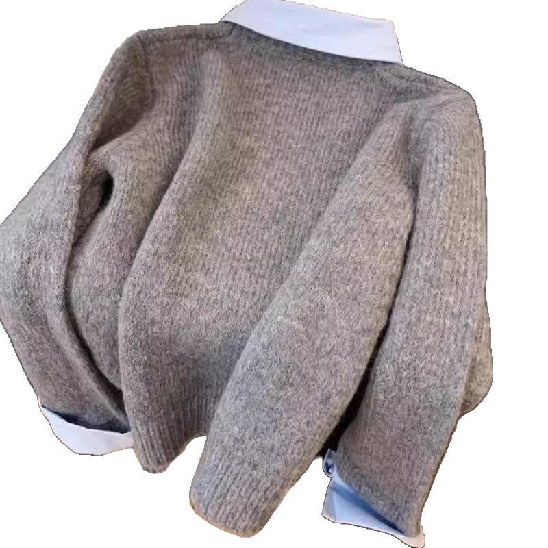 Autumn and winter wear contrasting color long-sleeved sweater top female cartoon dachshund gray fake two-piece shirt collar knitted sweater female