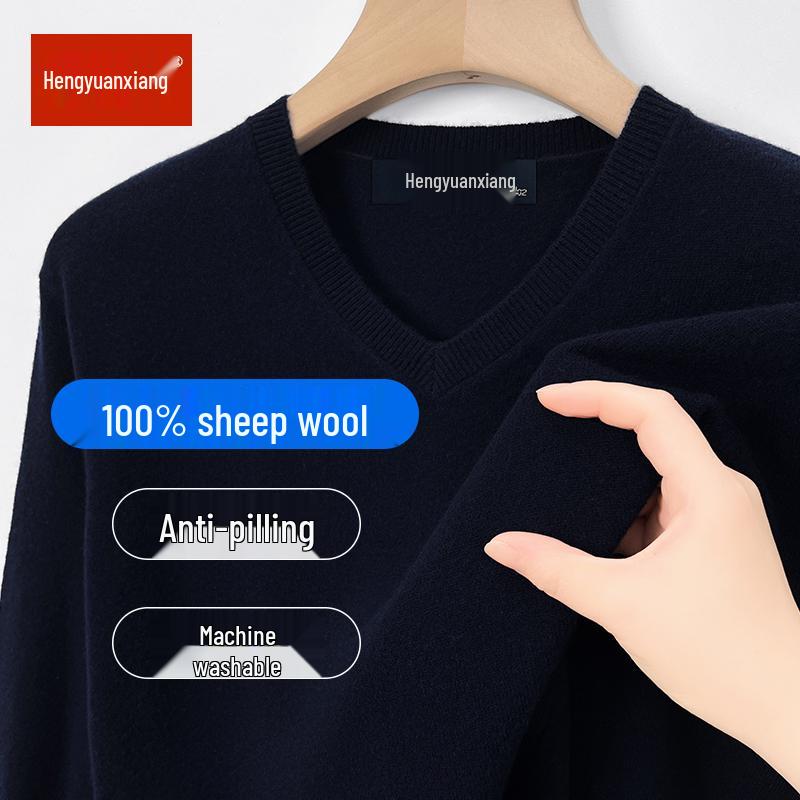Hengyuanxiang Men's 100% Pure Wool Pullover, Round Neck, Thickened Winter Sweater for Middle-Aged Dads.